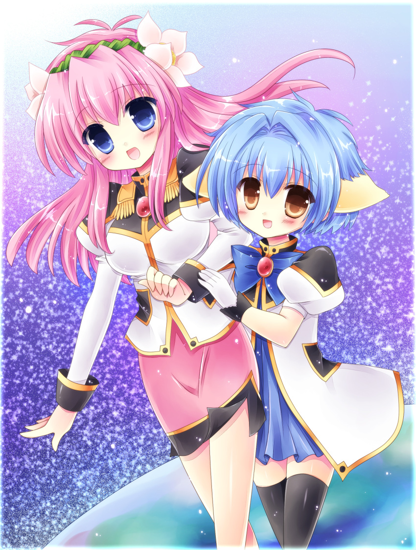 2girls animal_ears bad_id bad_pixiv_id blue_eyes blue_hair blue_skirt brown_eyes galaxy_angel gloves highres kouta. long_hair milfeulle_sakuraba military military_uniform mint_blancmanche multiple_girls pencil_skirt photoshop_(medium) pink_hair short_hair skirt thighhighs uniform