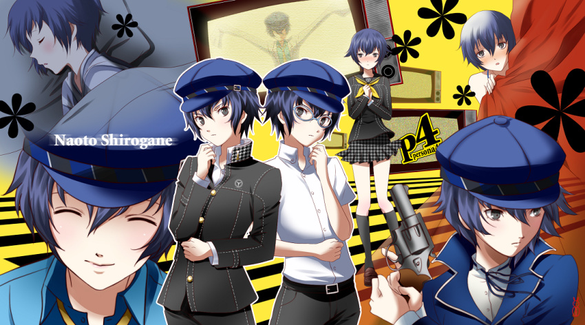 androgynous bad_id bad_pixiv_id bare_legs belt blue_eyes blue_hair cabbie_hat closed_eyes copyright_name crossdressing curtains dark_persona detective embarrassed female glasses gun hair_between_eyes handgun happy hat houndstooth jacket japanese_clothes kimono kneehighs lab_coat legs looking_at_viewer machinosuke multiple_views necktie pants persona persona_4 revolver school_uniform serafuku serious shirogane_naoto shirt shoes short_hair skirt sleeping smile socks television weapon white_shirt yellow_eyes