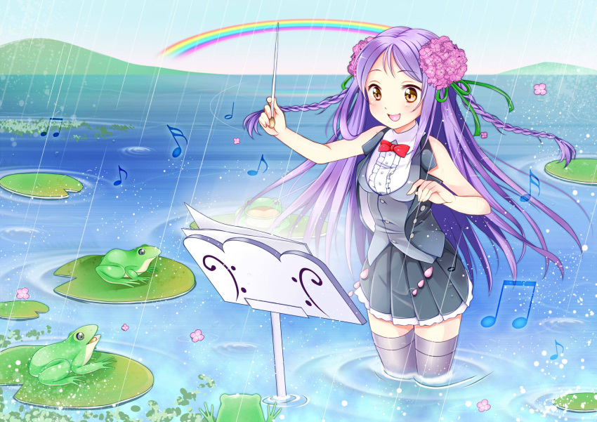 :d bad_id bad_pixiv_id bass_clef beamed_eighth_notes braid conductor conductor_baton eighth_note female frog half_note highres lily_pad long_hair music_stand musical_note nekosugi_(hoshi) open_mouth original purple_hair purple_thighhighs rain rainbow sixteenth_note skirt smile solo standing thighhighs twin_braids wading waistcoat water yellow_eyes zettai_ryouiki