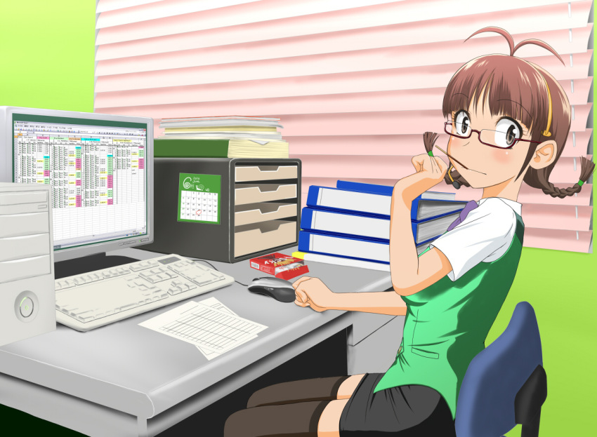 akizuki_ritsuko antenna_hair araragi_yuuichi at_computer black_thighhighs braid brown_eyes brown_hair calendar_(object) chair commentary_request computer computer_keyboard computer_mouse desk dress_shirt female food glasses headset idolmaster idolmaster_(classic) indoors microsoft microsoft_excel microsoft_office microsoft_windows miniskirt monitor necktie paper pencil_skirt pocky room semi-rimless_eyewear shirt sitting skirt solo thighhighs twin_braids under-rim_eyewear vest window_(computing) window_blinds windows_xp zettai_ryouiki