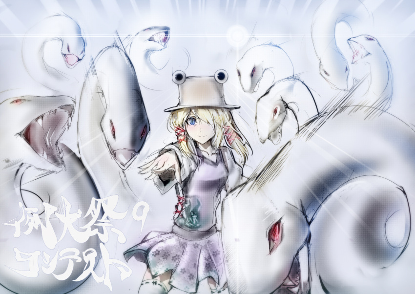 blonde_hair blue_eyes commentary_request fangs female hair_over_one_eye hat mishaguji moriya_suwako nyuu_(manekin-eko) outstretched_arm red_eyes short_hair skirt slit_pupils smile snake solo thighhighs thighs touhou white_snake white_thighhighs