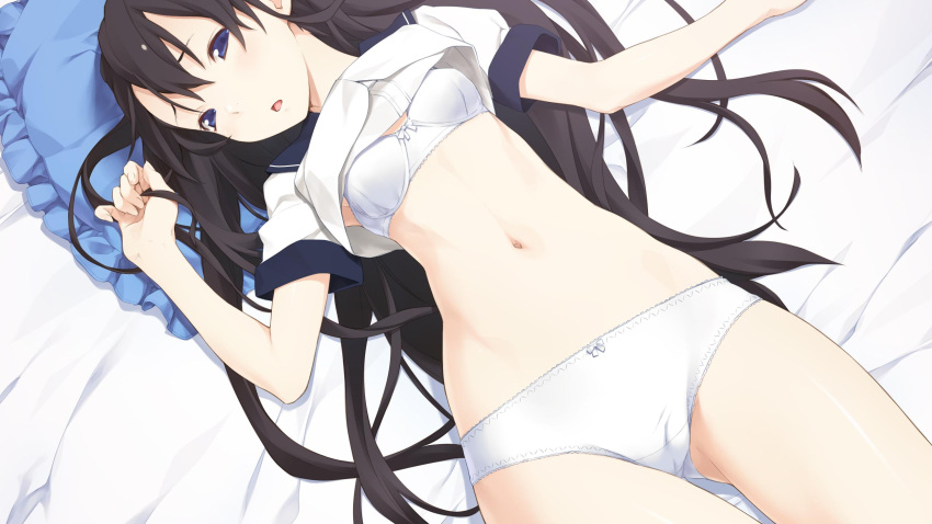 :o bed_sheet black_hair blue_eyes bow bow_panties bra clothes_lift female frilled_pillow frills game_cg highres jiyu2 jpeg_artifacts koisuru_otome_no_oshioki_jugyou kuroi_makoto lingerie long_hair lying navel on_back panties pillow shirt_lift solo underwear white_bra white_panties