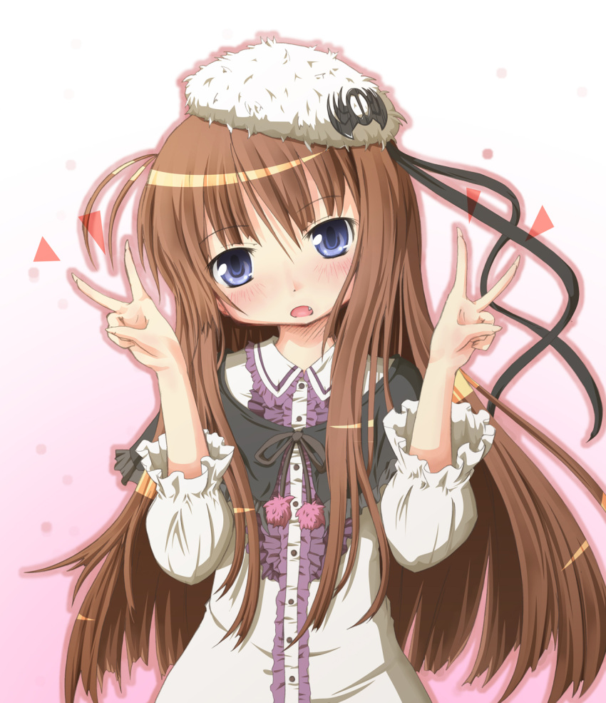 :o blue_eyes blush brown_hair commentary_request double_v female hat highres long_hair looking_at_viewer original photoshop_(medium) sakuraebi_chima solo v