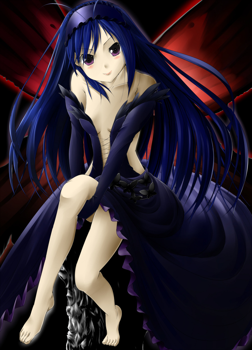 accel_world antenna_hair bad_id bad_pixiv_id bare_shoulders blush bug butterfly butterfly_wings elbow_gloves feet female gloves hairband highres insect_wings kuroyukihime long_hair long_legs looking_at_viewer purple_eyes smile solo solru wings