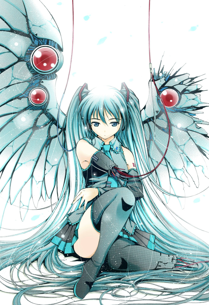 android commentary_request detached_sleeves female hair_ribbon hatsune_miku highres long_hair moonsorrow ribbon solo thighhighs twintails vocaloid wings zettai_ryouiki