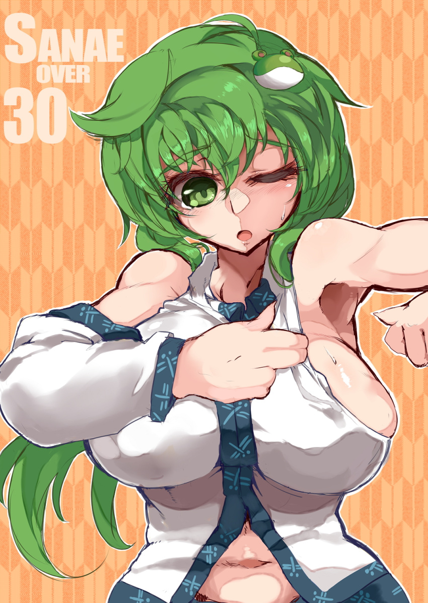 ;o armpits bad_id bad_pixiv_id bare_shoulders breasts character_name detached_sleeves dressing female frog_hair_ornament green_eyes green_hair hair_ornament highres himuro_shunsuke huge_breasts kochiya_sanae long_hair navel one_eye_closed sideboob solo touhou upper_body yagasuri