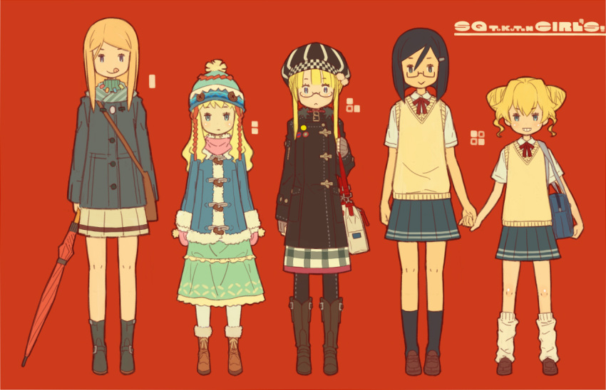 5girls :q bag beanie black_hair black_legwear blonde_hair blue_eyes closed_umbrella coat commentary_request contemporary double_bun dress fortress_(sekaiju) fortress_2_(sekaiju) glasses gunner_(sekaiju) gunner_2_(sekaiju) hair_bun hair_ornament hairclip hat himukai_yuuji lineup loose_socks multiple_girls paladin_(sekaiju) paladin_2_(sekaiju) pantyhose princess_(sekaiju) princess_2_(sekaiju) red_background scarf school_uniform sekaiju_no_meikyuu sekaiju_no_meikyuu_2 sekaiju_no_meikyuu_3 sekaiju_no_meikyuu_4 skirt socks sweater_vest swordsman_(sekaiju_4) swordsman_2_(sekaiju_4) tongue tongue_out umbrella