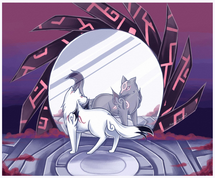 black_eyes chibiterasu commentary_request dark_chibiterasu dark_persona different_reflection facial_mark highres md5_mismatch midna01 mirror no_humans okami ookamiden photoshop_(medium) reflection resolution_mismatch signature source_smaller spoilers white_eyes wolf