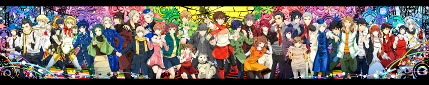 6+boys 6+girls :d :o absolutely_everyone absurdres aegis_(persona) afro amada_ken amagi_yukiko androgynous angry apron aragaki_shinjirou arkatopia bandana baseball_cap beanie black_eyes black_hair blonde_hair blue_eyes blue_hair breasts brown_eyes brown_hair canine cleavage coat commentary_request crossdressing curly_hair doujima_nanako doujima_ryoutarou dress elizabeth_(persona) everyone flat_chest flower fur_coat grey_eyes grey_hair hair_between_eyes hair_ornament hanamura_yousuke hat highres iori_junpei jacket kanzato_jun kanzato_ryou kanzato_shin kayano_megumi kirijou_mitsuru koromaru_(persona) kujikawa_rise kuma_(persona_4) labrys_(persona) long_hair looking_at_viewer margaret_(persona) marie_(persona_4) medium_breasts metis_(persona) mochizuki_ryouji morimoto_kanaru multiple_boys multiple_girls nakamura_aika narukami_yuu necktie open_mouth pants persona persona_3 persona_4 persona_4:_the_ultimate_in_mayonaka_arena persona_4_the_golden persona_trinity_soul pink_hair purple_hair red_eyes red_hair reverse_trap ribbon rose sakakiba_takuro sanada_akihiko satonaka_chie scarf school_uniform serafuku shiomi_kotone shirogane_naoto short_hair skirt small_breasts smile straight_hair surprised suspenders tatsumi_kanji theodore_(persona) wavy_hair white_hair wide_image yamagishi_fuuka yellow_eyes yoshino_chidori yukari_takeba yuuki_makoto_(persona_3)