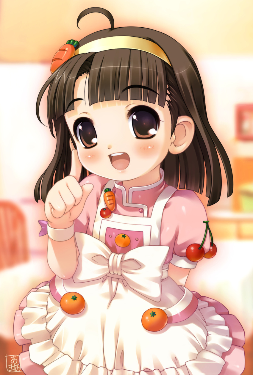 ahoge akiba_hideki blush brown_eyes brown_hair carrot cherry cooking_idol_ai!_mai!_main! dress female food frilled_dress frills frilly_dress fruit hairband highres hiirage_mine hiiragi_mine lolicon maid orange solo