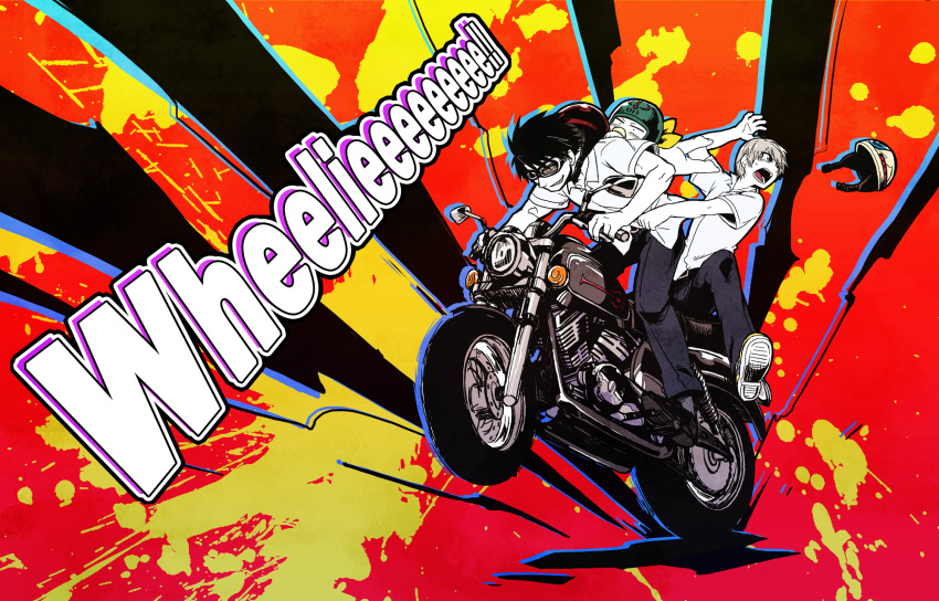 3boys baby baby_be'el bad_id bad_pixiv_id beelzebub_(manga) black_hair ebita2010 furuichi_takayuki goggles grin helmet highres monochrome motor_vehicle motorcycle multiple_boys oga_tatsumi pacifier photoshop_(medium) school_uniform short_hair smile