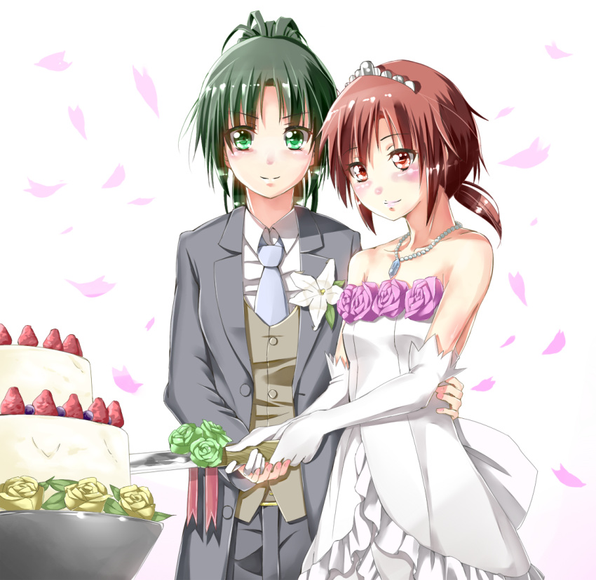 2girls boutonniere cake commentary_request dress flower food formal green_eyes green_flower green_hair green_rose grey_necktie groom hino_akane_(smile_precure!) md5_mismatch midorikawa_nao multiple_girls necktie orange_eyes orange_hair pant_suit pants pink_flower pink_rose ponytail precure rose smile_precure suit tiara wedding_cake wedding_dress wife_and_wife yellow_flower yellow_rose yuri yuutarou_(fukiiincho)