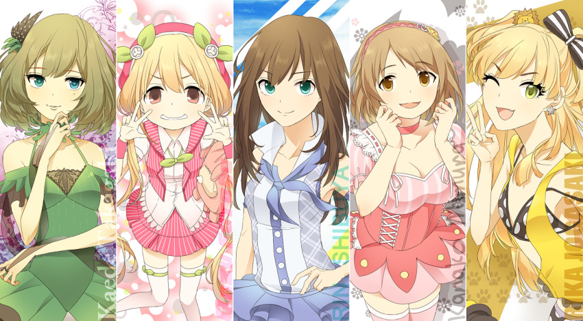 5girls :d ;d bad_id bad_pixiv_id character_name double_v eyelashes futaba_anzu idolmaster idolmaster_cinderella_girls jougasaki_rika long_hair mimura_kanako mole mole_under_eye multiple_girls never_say_never_(idolmaster) one_eye_closed open_mouth shibuya_rin shivue smile takagaki_kaede v