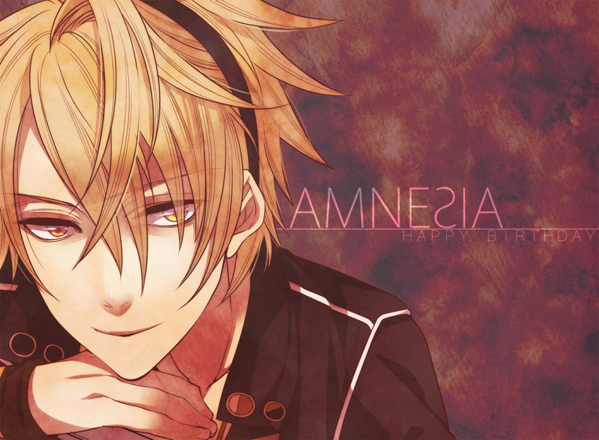 1boy amnesia_(idea_factory) bad_id bad_pixiv_id blonde_hair copyright_name happy_birthday jacket male_focus purple_background solo toma_(amnesia) toriniku_(suikyou) yellow_eyes