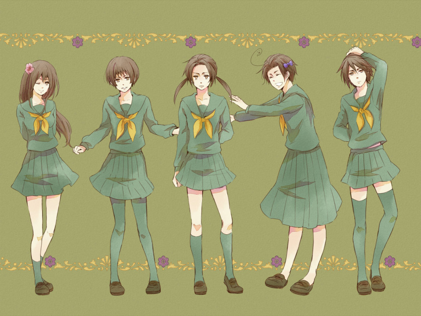 4boys axis_powers_hetalia bad_id bad_pixiv_id brown_hair china_(hetalia) crossdressing female green_legwear green_theme hong_kong_(hetalia) japan_(hetalia) john_(gallon) korea_(hetalia) multiple_boys pantyhose school_uniform taiwan_(hetalia) thighhighs