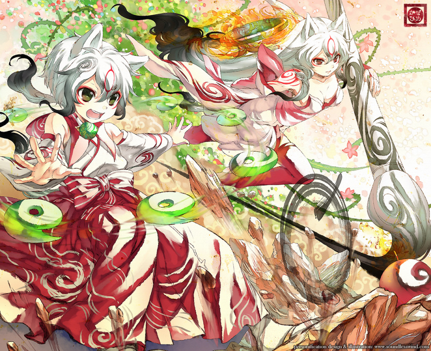 1boy amaterasu_(ookami) animal_ears calligraphy_brush chibiterasu commentary_request detached_sleeves female fire kaze-hime long_hair okami ookamiden paintbrush personification photoshop_(medium) short_hair