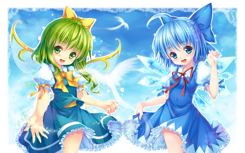 2girls :d ahoge blue_eyes blue_hair cirno commentary_request daiyousei dress grandia_bing green_eyes green_hair highres ice ice_wings multiple_girls open_mouth photoshop_(medium) ribbon smile touhou wings