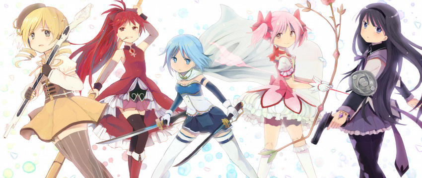 5girls absurdres akemi_homura akemi_homura_(magical_girl) argyle_clothes argyle_legwear armband beret black_hair blonde_hair blue_eyes blue_hair bow bow_(weapon) cape commentary_request corset drill_hair dual_wielding fingerless_gloves food gloves grin gum_(vivid_garden) gun hairband hairbow handgun hat highres holding kaname_madoka kaname_madoka_(magical_girl) long_hair magical_girl magical_musket mahou_shoujo_madoka_magica mahou_shoujo_madoka_magica_(anime) miki_sayaka miki_sayaka_(magical_girl) multiple_girls pantyhose pink_eyes pink_hair pocky polearm ponytail purple_eyes red_eyes red_hair rifle sakura_kyoko sakura_kyoko_(magical_girl) shield short_hair short_twintails smile soul_gem spear striped_clothes striped_thighhighs sword thighhighs tomoe_mami tomoe_mami_(magical_girl) twin_drills twintails vertical-striped_clothes vertical-striped_thighhighs weapon yellow_eyes zettai_ryouiki