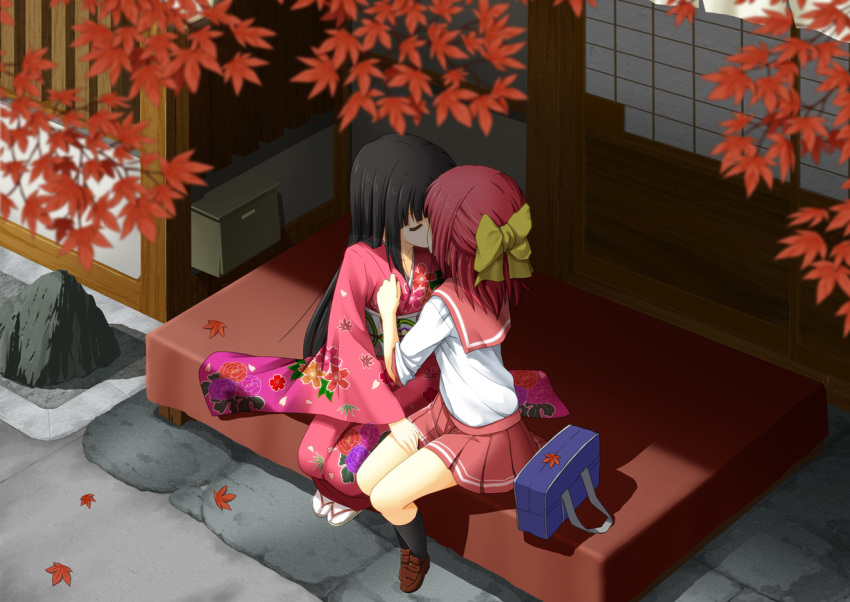 2girls bench black_hair bow closed_eyes commentary_request hairbow japanese_clothes kimono kissing leaf long_hair multiple_girls obi original photoshop_(medium) pink_hair sash school_uniform short_hair sitting yoruda yuri