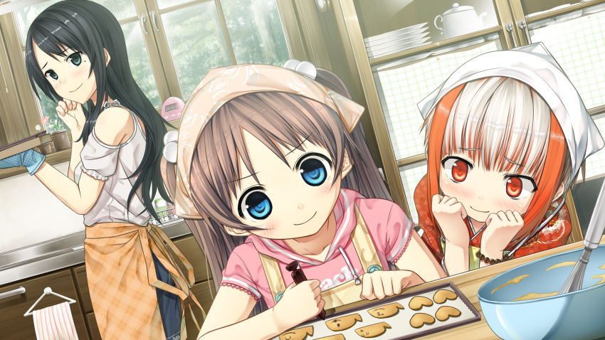 3girls apron arishima_nahoko baking baking_sheet black_eyes black_hair blue_eyes bracelet brown_hair cookie cooking cura dutch_angle food game_cg hair_ornament head_scarf highres hood hoodie housewife japanese_clothes jewelry kimono lolicon mole mole_under_eye monobeno multicolored_hair multiple_girls non-web_source petite red_eyes sawai_natsuha smile sumi_(monobeno) two-tone_hair whisk