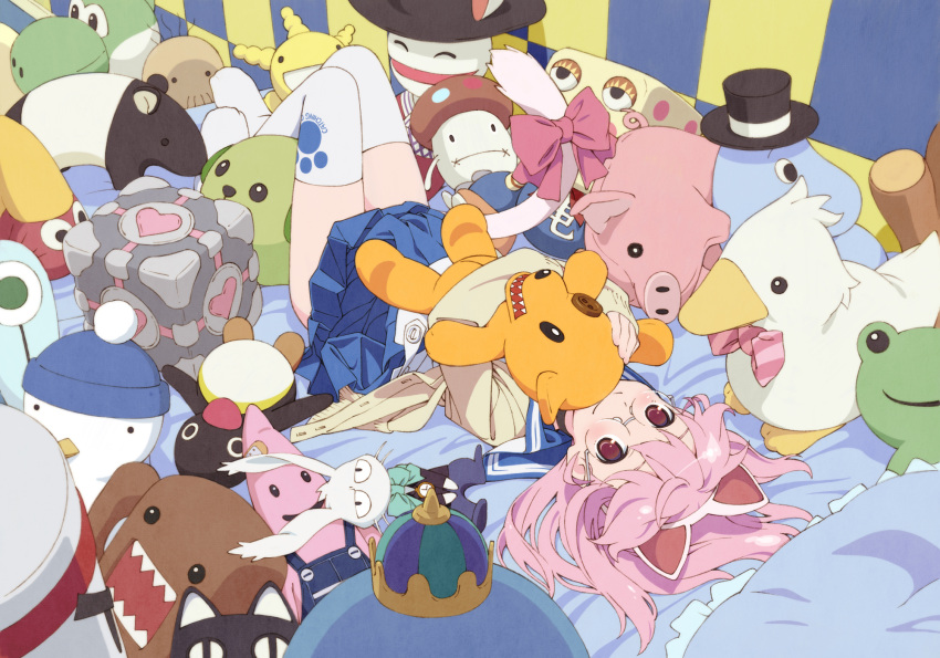 animal_ears annotated aperture_science_weighted_companion_cube bed bird bonus-kun_(waku_waku_7) buster-kun cat_ears character_doll commentary_request crossover dennou_coil docomodake doll domo-kun dragon_quest feline female glasses goose gunbird hebereke hebereke_(character) highres kanon keropii king_slime_(dragon_quest) kyoro-chan mameshiba_(character) mario_(series) masuda_zigorow moomin moominpappa morinaga_(brand) moyashimon multiple_crossover nhk_(broadcaster) noppon ntt_docomo original oryzae-tan oyaji_(dennou_coil) photoshop_(medium) pig pingu pingu_(series) pink_hair pomupomu portal_(series) portal_1 rabbit ribbon saku_saku_(tvk) school_uniform serafuku shirai_vincent shiwasu_takashi solo stuffed_animal stuffed_toy tapir the_pillows waku_waku_7 yoshi