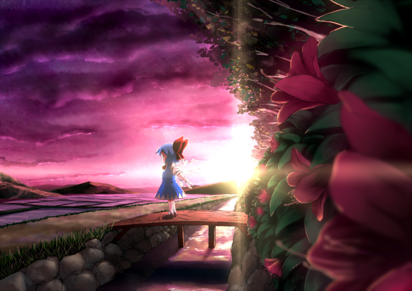 blue_hair blurry bow bridge cirno commentary_request depth_of_field dress female flower hairbow kachayori lolicon scenery short_hair solo sunlight sunset touhou wings