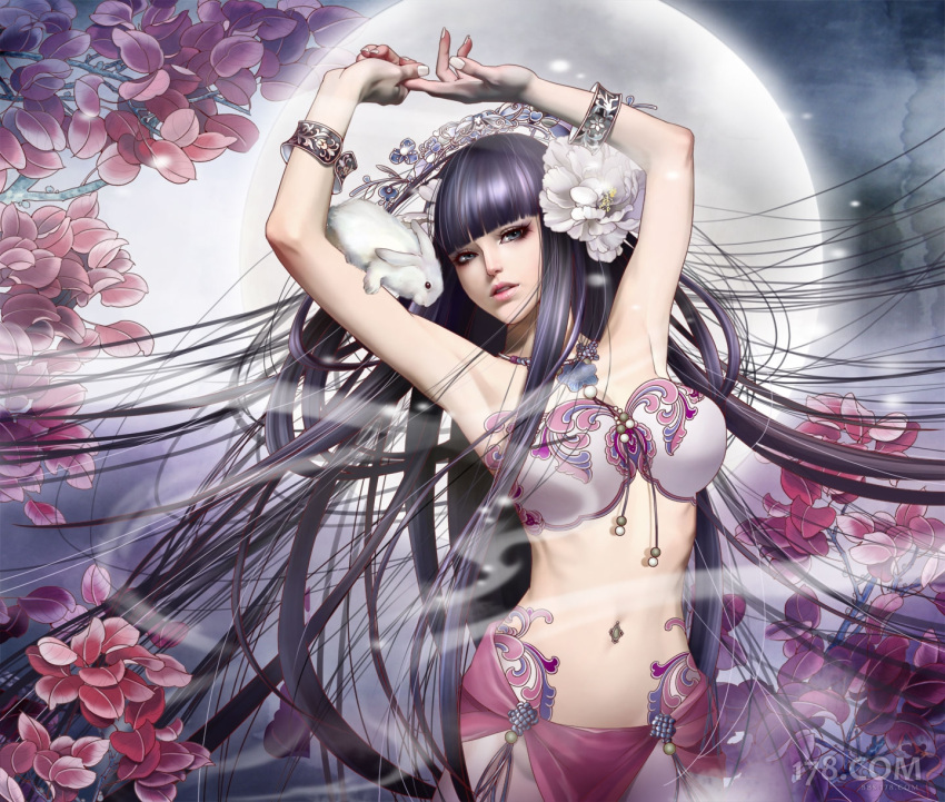 armpits arms_up bracelet chang'e female flower hair_flower hair_ornament highres jewelry journey_to_the_west lips long_hair moon moon_rabbit navel_piercing necklace piercing qq_xi_you rabbit realistic solo standing very_long_hair watermark zhang_xiaobai