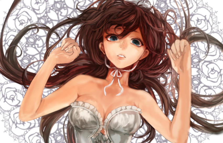 bad_id bad_pixiv_id bare_shoulders blue_eyes breasts brown_hair commentary_request female gekijou_tragedy_(vocaloid) highres lips long_hair looking_at_viewer medium_breasts ribbon solo tcb upper_body vocaloid