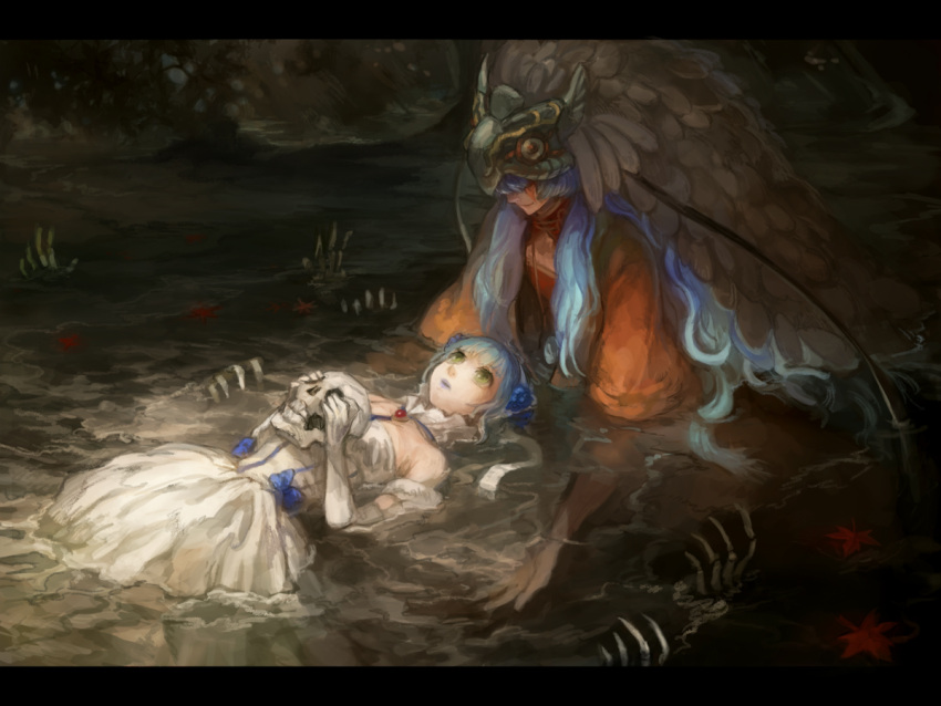 1boy bare_shoulders blue_eyes commentary_request dress elbow_gloves female flower gloves green_hair hair_flower hair_ornament letterboxed lipstick long_hair lying makeup oca partially_submerged pixiv_fantasia pixiv_fantasia_sword_regalia short_hair skeleton skull smile water white_dress white_gloves