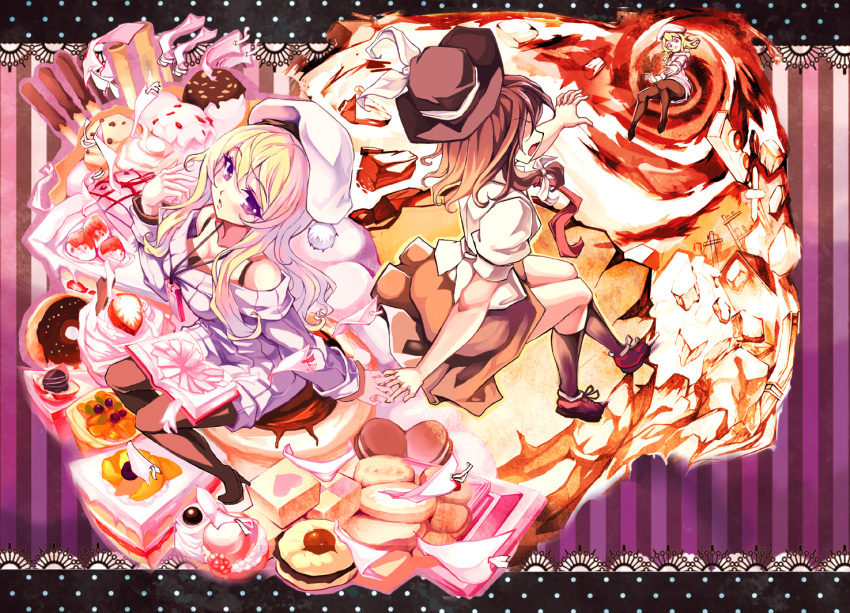 2girls bare_shoulders blonde_hair book brown_hair cake commentary_request cookie dessert doughnut dual_persona food food_focus hat heart ice_cream long_hair maribel_hearn multiple_girls photoshop_(medium) pocky purple_eyes pz sandwich_cookie short_hair strawberry_shortcake thumbprint_cookie touhou usami_renko