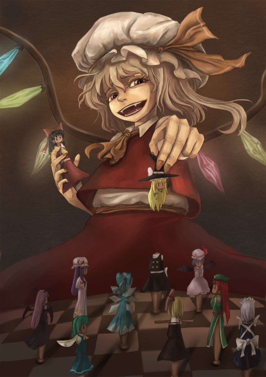 amibazh blonde_hair board_game chess cirno commentary_request daiyousei decapitation embodiment_of_scarlet_devil fangs female flandre_scarlet hakurei_reimu highres hong_meiling izayoi_sakuya kirisame_marisa koakuma open_mouth patchouli_knowledge photoshop_(medium) remilia_scarlet rumia solo touhou toy troll_face wings