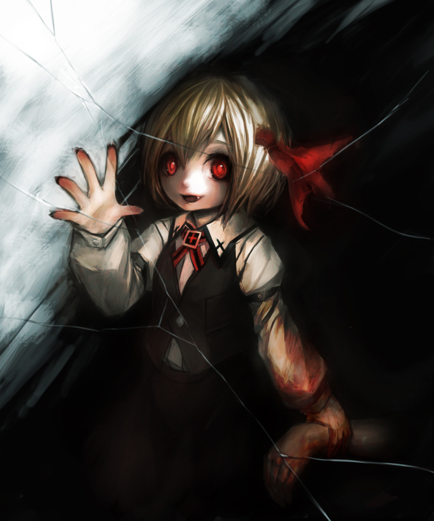 blood blood_on_clothes blood_on_hands broken_glass commentary_request female glass glowing glowing_eyes highres holding_own_arm oerba_yun_fang photoshop_(medium) rumia solo spark621 touhou