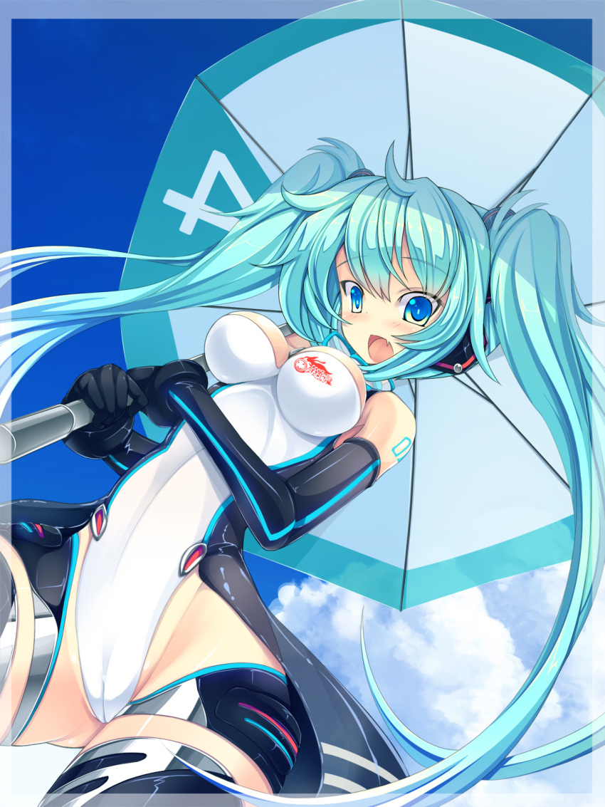 aqua_eyes aqua_hair bare_shoulders cameltoe commentary_request cowboy_shot elbow_gloves female gloves goodsmile_racing hatsune_miku highleg highleg_leotard highres leotard long_hair oerba_yun_fang open_mouth photoshop_(medium) race_queen racing_miku racing_miku_(2011) solo thighhighs torisan twintails umbrella very_long_hair vocaloid