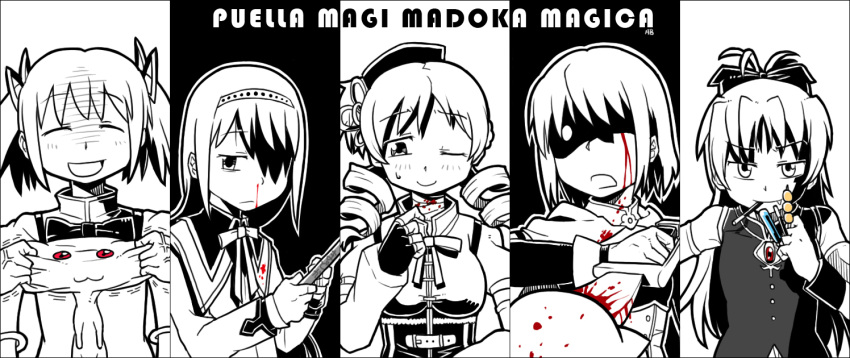 5girls akemi_homura akemi_homura_(magical_girl) bad_id bad_pixiv_id blood blood_on_face column_lineup everyone female_pervert food hobbang injury kaname_madoka kaname_madoka_(magical_girl) kyuubee mahou_shoujo_madoka_magica mahou_shoujo_madoka_magica_(anime) mami_mogu_mogu miki_sayaka miki_sayaka_(magical_girl) mitakihara_school_uniform monochrome multiple_girls nosebleed pervert photoshop_(medium) sakura_kyoko sakura_kyoko_(magical_girl) school_uniform spot_color tomoe_mami tomoe_mami_(magical_girl)