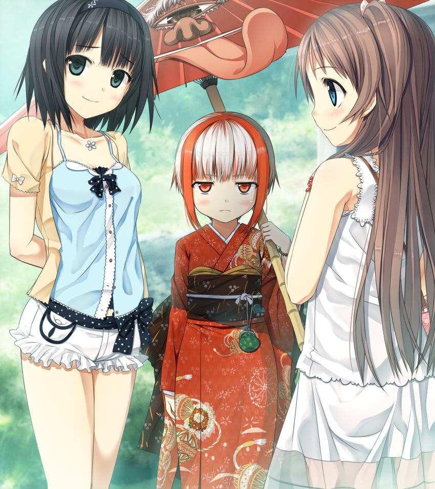 3girls absurdres arishima_alice arms_behind_back black_eyes black_hair blue_eyes bow bracelet breasts cloud cura game_cg hairband highres hishakaku japanese_clothes jewelry jitome karakasa_obake kimono long_hair looking_at_viewer looking_back monobeno multicolored_hair multiple_girls necklace non-web_source obi oil-paper_umbrella open_mouth petite red_eyes sash sawai_natsuha shorts sky small_breasts smile sumi_(monobeno) tank_top umbrella