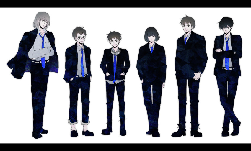 6+boys alternate_costume arm_at_side arms_at_sides ashitaka belt black-framed_eyewear black_footwear black_hair black_jacket black_pants blue_necktie bob_cut brown_hair closed_mouth collared_shirt commentary_request company_connection crossed_arms crossed_legs crossover dress_shirt earrings formal full_body glasses goggles goggles_around_neck grey_shirt haku_(sen_to_chihiro_no_kamikakushi) hand_in_pocket hands_in_pockets highres howl_(howl_no_ugoku_shiro) howl_no_ugoku_shiro jacket jacket_on_shoulders jewelry karigurashi_no_arrietty legs_together letterboxed lineup long_sleeves looking_at_viewer majo_no_takkyuubin mononoke_hime multiple_boys multiple_crossover necktie pants pants_rolled_up pazu photoshop_(medium) sen_to_chihiro_no_kamikakushi shima_(12216388) shirt shoes short_hair shou_(karigurashi_no_arrietty) simple_background smile standing studio_ghibli suit tenkuu_no_shiro_laputa thumb_in_pocket tombo_(majo_no_takkyuubin) white_background