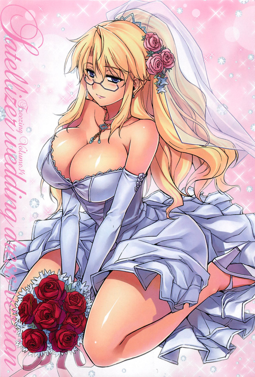 blonde_hair blue_eyes bride cleavage freezing_(series) glasses high_heels large_breasts long_hair roses satellizer_el_bridget smile