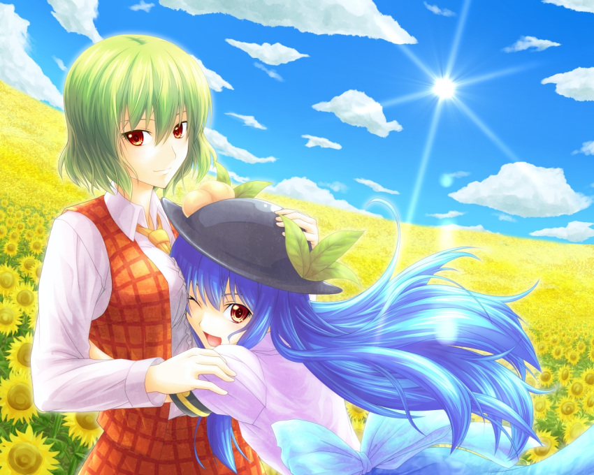 2girls breasts cloud commentary_request day field flower flower_field food fruit garden_of_the_sun green_hair hat hinanawi_tenshi hug kazami_yuuka long_hair looking_at_viewer medium_breasts multiple_girls one_eye_closed open_mouth outdoors peach red_eyes shimada_(simada_bu) sky smile sun sunflower sunflower_field touhou