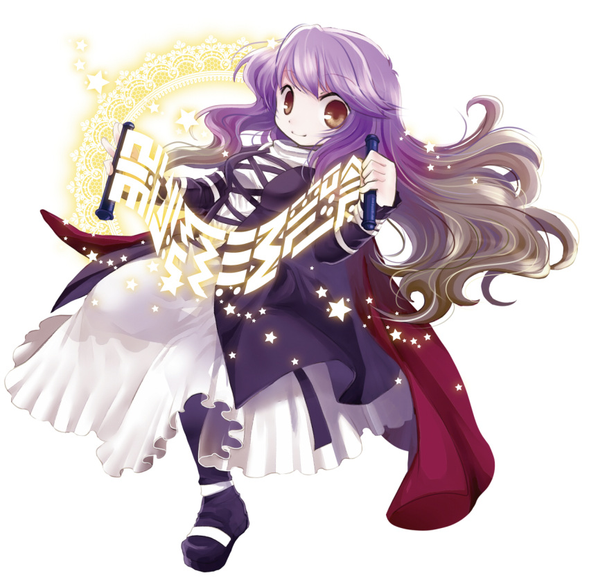 black_dress brown_eyes brown_hair cape commentary_request dress female gradient_hair highres hijiri_byakuren layered_dress long_hair multicolored_hair purple_hair scroll smile socha solo sorcerer's_sutra_scroll touhou two-tone_hair white_dress