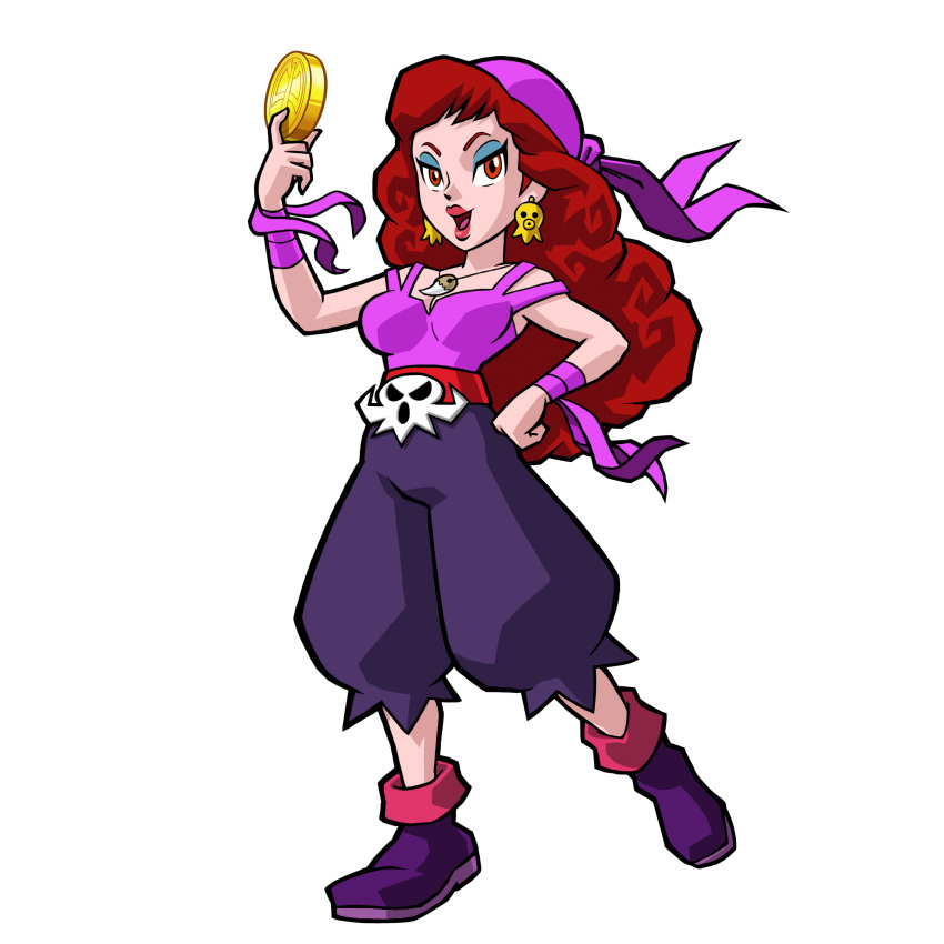 absurdres bandana bare_shoulders big_hair boots brown_hair capri_pants captain_syrup coin earrings eyeliner female hand_on_own_hip highres jewelry lipstick long_hair makeup mario_(series) official_art pants photoshop_(medium) red_eyes skull solo tank_top wario_land wario_land:_shake_it!