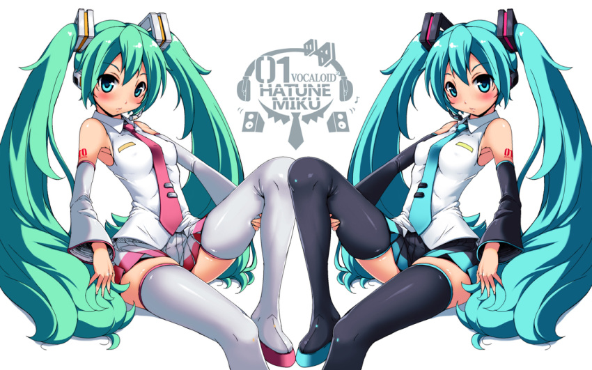 2girls alternate_color aqua_eyes aqua_hair black_legwear blue_eyes blue_hair blush boots character_name commentary_request copyright_name detached_sleeves dual_persona hatsune_miku imazon long_hair looking_at_viewer mirror_twins multiple_girls necktie photoshop_(medium) skirt thigh_boots thighhighs twintails very_long_hair vocaloid white_legwear