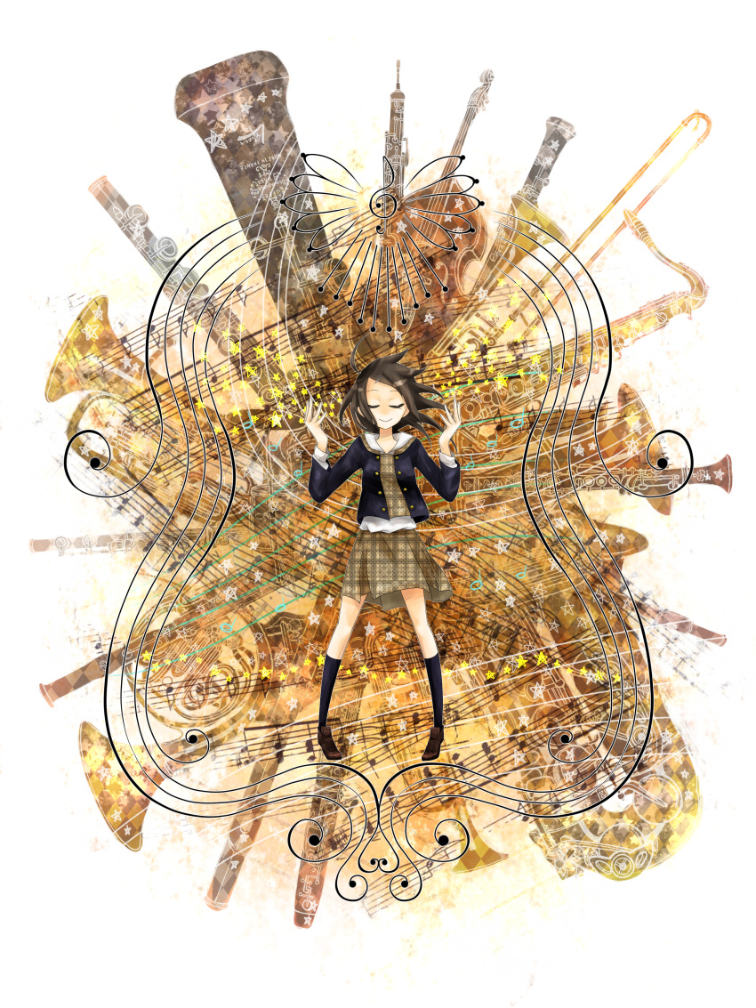 absurdres bad_id bad_pixiv_id bassoon black_hair clarinet closed_eyes copyright_request double_bass dress_shirt female flute french_horn highres instrument kbysppp musical_note oboe saxophone shirt trombone trumpet tuba