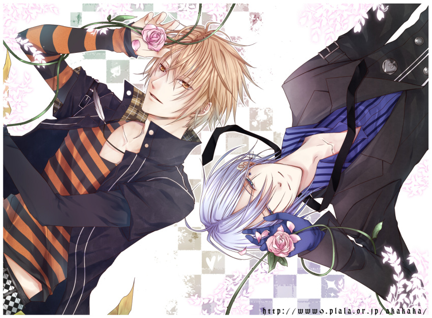 2boys 610_(motou) amnesia_(idea_factory) blonde_hair blue_eyes commentary_request flower gloves ikki_(amnesia) jacket male_focus multiple_boys pink_flower pink_rose rose smile toma_(amnesia) white_hair yellow_eyes