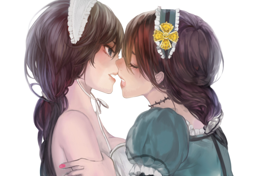 2girls bad_id bad_pixiv_id bare_shoulders blue_eyes breasts brown_hair choker closed_eyes commentary_request crown dual_persona gekijou_tragedy_(vocaloid) hairband imminent_kiss lips long_hair medium_breasts mini_crown multiple_girls nail_polish ponytail puffy_sleeves simple_background tcb vocaloid white_background yuri