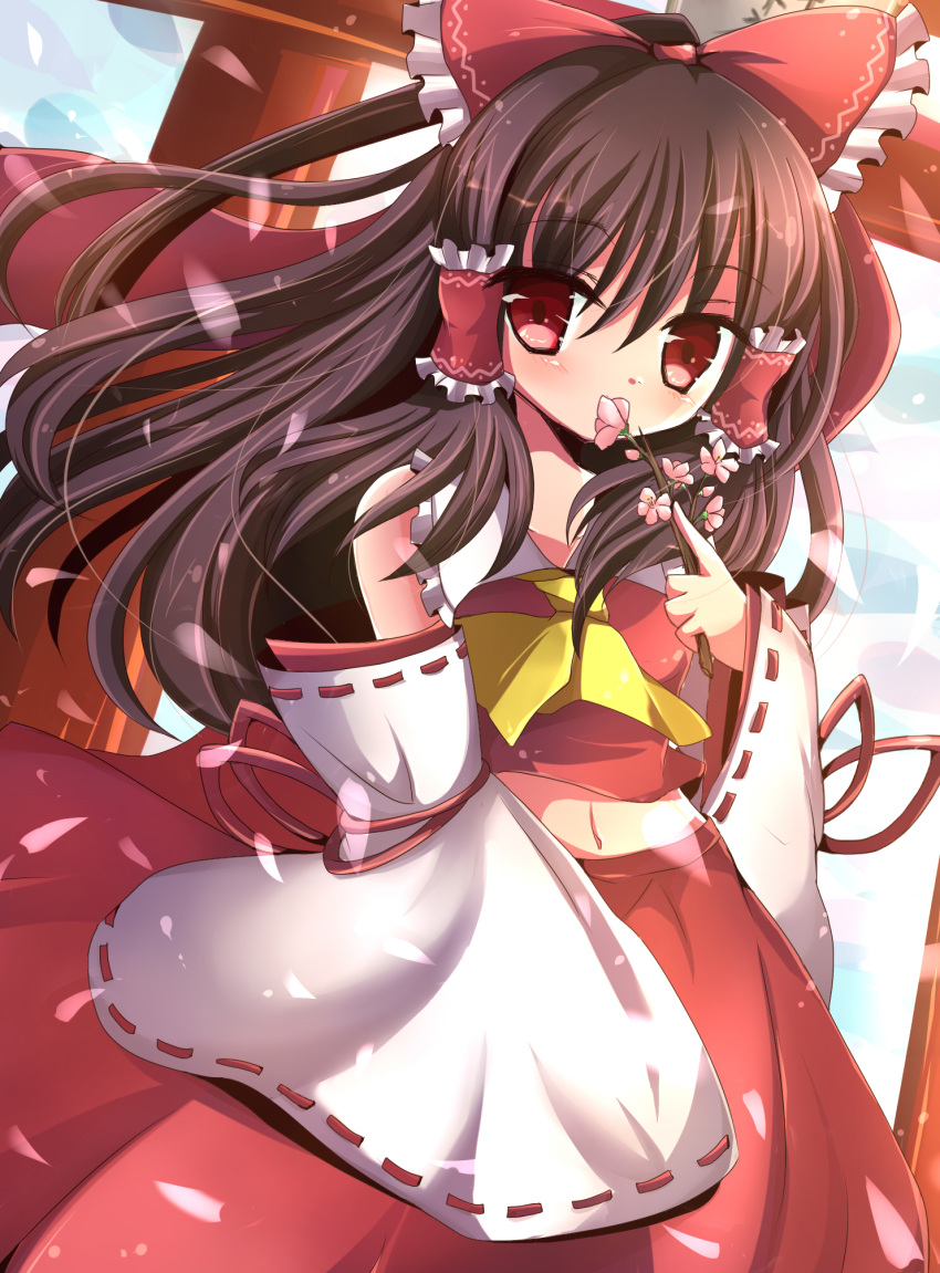 bare_shoulders bow branch brown_hair commentary_request detached_sleeves female hairbow hakurei_reimu highres holding long_hair looking_at_viewer navel ncatabc red_bow red_eyes solo touhou