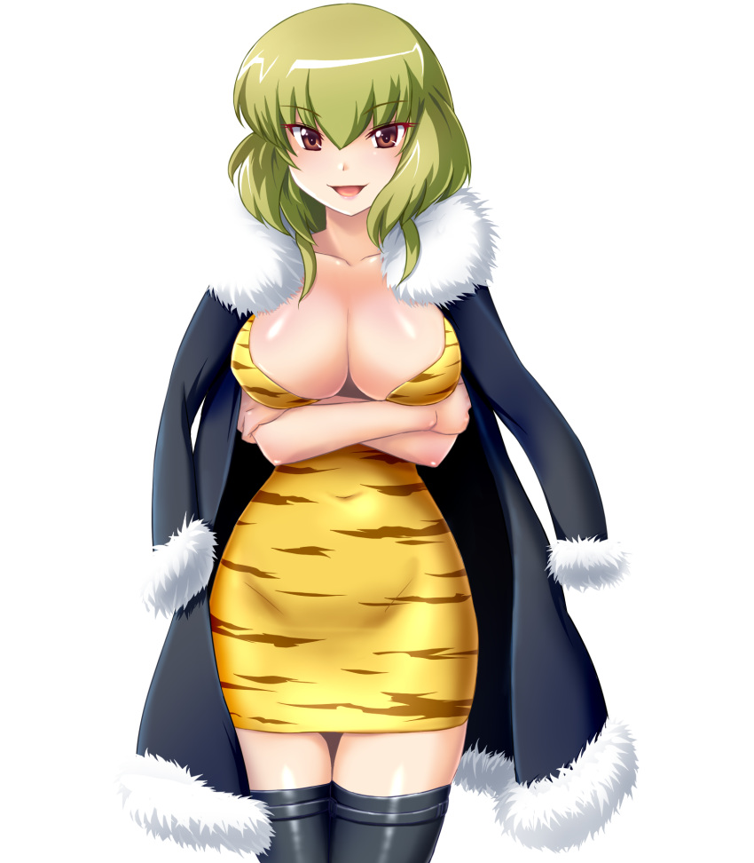 animal_print breasts brown_eyes cleavage commentary_request crossed_arms dha dress female green_hair highres jacket kami_nomi_zo_shiru_sekai kasuga_hinoki large_breasts open_clothes open_jacket open_mouth solo thighhighs tiger_print transparent_background zettai_ryouiki