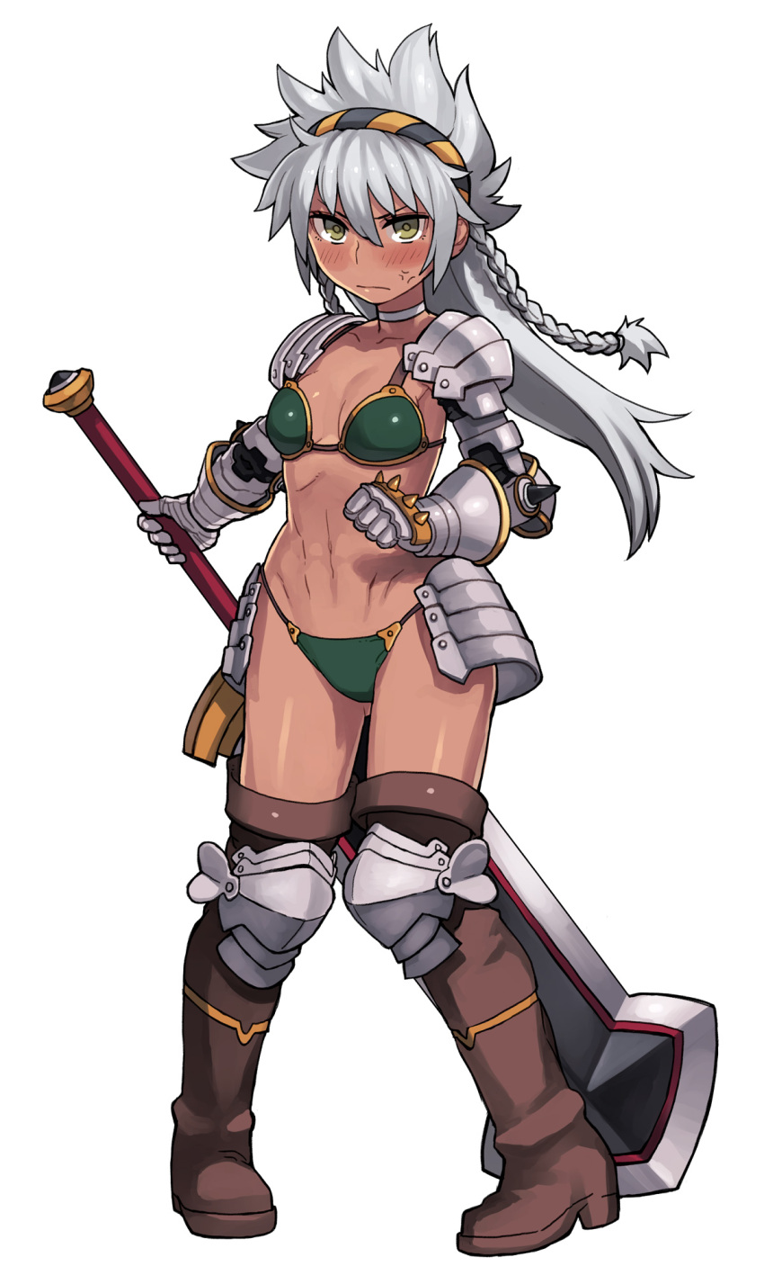 adapted_costume anger_vein armor bikini bikini_armor blush boots braid choker collarbone commentary_request dark-skinned_female dark_skin female gauntlets greaves green_bikini green_eyes grey_hair highres ikusa_mitsurugi long_hair looking_at_viewer navel pigeon-toed planted planted_sword senshi_ikusa shinrabanshou simple_background solo spiked_knuckles spikes swimsuit sword thigh_boots thighhighs twin_braids weapon white_background yu_65026