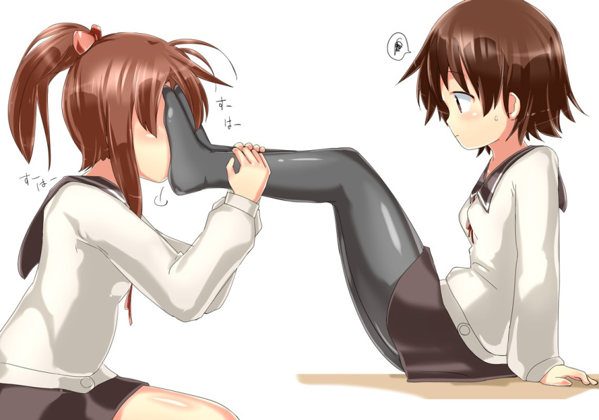 2girls ? blush brown_hair commentary_request feet foot_on_another's_face foot_worship hanawa_kaoru holding_another's_foot multiple_girls naka_(cheeseyeast) pantyhose ponytail sawatari_fuu school_uniform short_hair simple_background skirt smell smelling smelling_feet spoken_squiggle squiggle tamayura white_background yuri