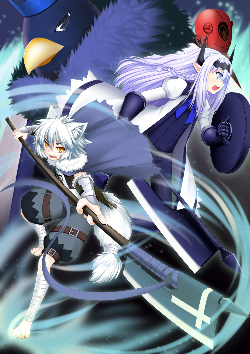 1boy absurdres animal_ears axe battle_axe bird blue_eyes commentary_request female furry highres horns king_arnold_(pixiv_fantasia) marguerite_(pixiv_fantasia) penguin photoshop_(medium) pixiv_fantasia pixiv_fantasia_sword_regalia pointy_ears weapon white_hair wolf_ears wolflong yellow_eyes