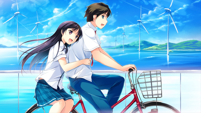 1boy :d aqua_eyes basket bicycle bicycle_basket black_hair blouse blue_pants blue_skirt blue_sky brown_hair cloud day female floating_hair game_cg habane_kotori happy highres hill hug hug_from_behind kono_oozora_ni_tsubasa_wo_hirogete light_rays long_hair looking_at_another minase_aoi_(konosora) multiple_riders necktie ocean open_mouth outdoors pants pillion plaid plaid_skirt purple_eyes purple_hair riding riding_bicycle school_uniform shirt short_sleeves sidesaddle skirt sky smile sunbeam sunlight white_shirt wind_turbine yashima_takahiro